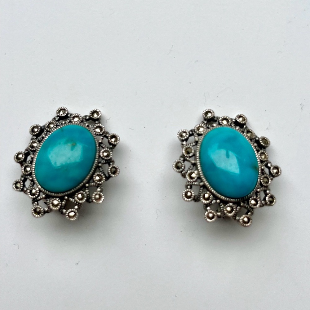 Vintage Sterling Marcasite and Turquoise Clip On Earrings